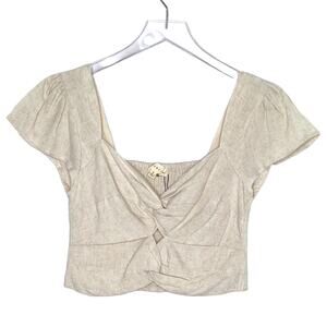 Promesa S Womens Beige Smock Back Twist Front Crop Top Cotton Linen